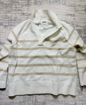 NWT aerie Women's Cream & Tan Striped V-Neck Sweater thumbnail 1