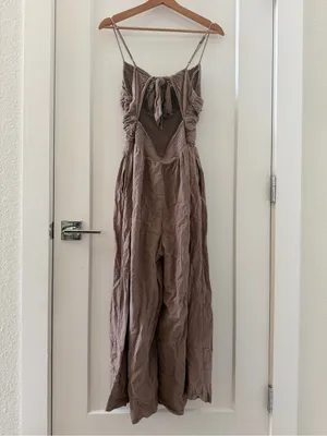 Free People Endless Summer Day Glow One Piece Smocked cutouts Jumpsuit Taupe M thumbnail 4