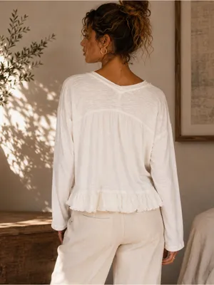 Anthropologie Pilcro Cream Coastal Boho Cotton Ruffle Hem Organic Modern V-Neck Small Shirt thumbnail 10
