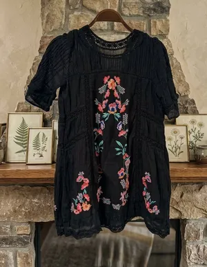 Free People Black Mini Dress with Multicolor Floral Embroidery thumbnail 1
