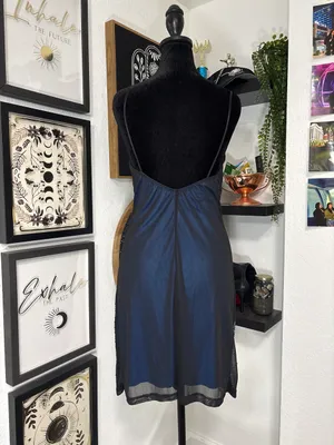 Vintage 90s The Original USA Blue Ombre Mesh Overlay Embroidered Rose Dress L thumbnail 2
