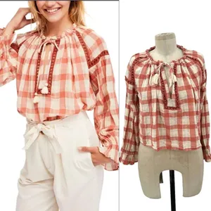 Free People Honey‎ Grove Top Pink Cream Plaid Check Size XS thumbnail 2