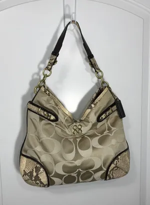 Coach Colette Beige Signature Sateen and Snakeskin Trim Hobo Shoulder Bag EUC thumbnail 1