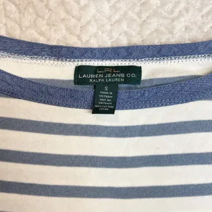 Ralph Lauren Lauren‎ Jeans Co Blue cream striped Knit Top Zip accent Sleeve Shirt women SZ S thumbnail 10