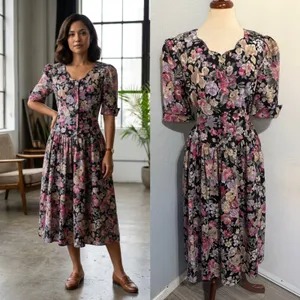 Miss Dorby Vintage 90s Floral Midi Dress L Black Purple Button‎ Front USA Made thumbnail 2