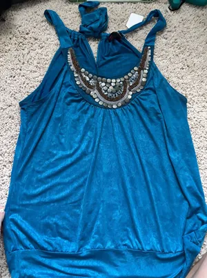 Boho Beaded Halter Top Teal Blue Sequin Embellished Festival Summer Tank Large thumbnail 1