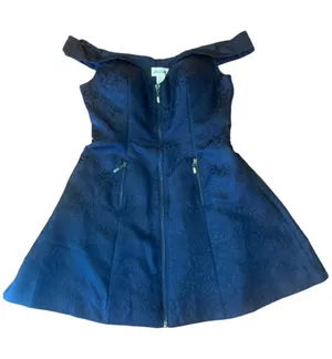 Sherri Hill Mini Dress Size 12 Navy Blue Off-Shoulder Zip Front Vintage style thumbnail 1