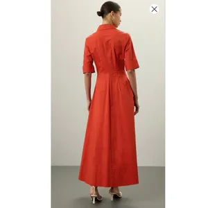 STAUD Red Cotton Blend Collared Neckline Front Button Closure Short Sleeve Dress thumbnail 6