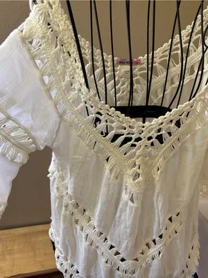 White Crochet-Trim Peasant Top - swim coverup or blouse thumbnail 1