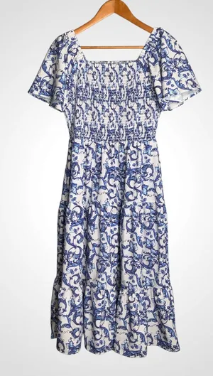 Blue & White Smocked Square Neck Floral Midi Dress Medium thumbnail 1