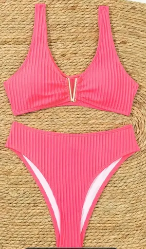 Rib Knit V Wired Plain 2 Piece Set Bikini Pink thumbnail 1