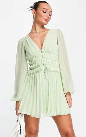 ASOS Sage Green Dobby Pleated Mini Dress Fairycore Forest Pixie Vibe NWT Size 4 thumbnail 1