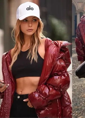 Alo Yoga Stunner Glossy Oversized Hooded Puffer Jacket Cranberry Size Large. thumbnail 1