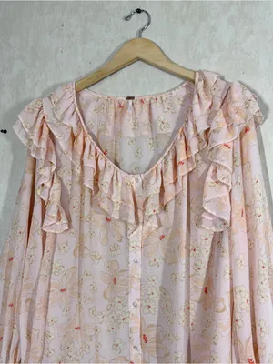 Free People Women’s Cherry Bright Blouse Top Ruffle Neck Sheer in Floral Peach M thumbnail 3
