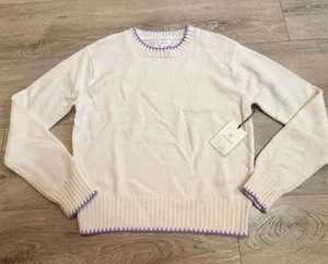 NWT Aspen Cream Wool Blend Crew Neck Sweater with Purple Trim Size Small‎ S thumbnail 1