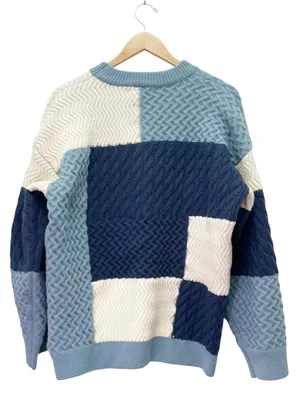 Aelfric Eden Sz XL Patchwork Cable Knit Sweater Blue Cream Colorblock Crewneck thumbnail 3