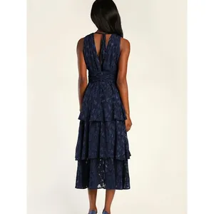 Lulus Navy Blue Make It Mesmerizing Jacquard Tiered Midi Dress Sz.L NWT thumbnail 4