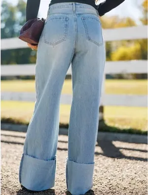 Le Lis Light Blue High-Rise Wide-Leg Jeans With Cuffed Hem thumbnail 2