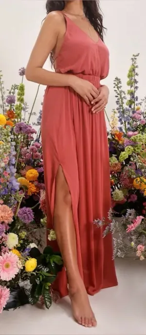LULUS Women’s Lost In Paradise Rusty Rose V-neck Maxi Dress Size Medium thumbnail 1