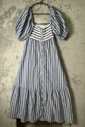 Emerson Fry‎ x Love Tomas Striped Smocked Cotton Maxi Dress Puff Sleeve XS/S thumbnail 1