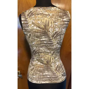 Cache Faux Wrap Textured Gold Metallic Bamboo Print Stretch Ruched Side Top Sz S thumbnail 6