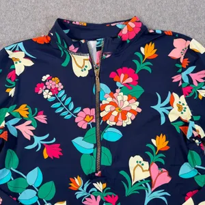 LOFT Women's Large Navy Blue Floral Long Sleeve 1/4 Zip Rash Guard Swim Top thumbnail 2
