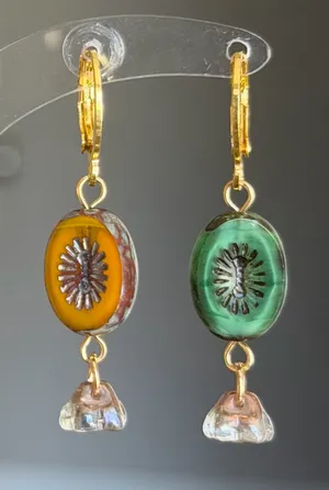 Handmade retro vintage cute whimsical style quality Czech glass beads unique dangle earrings❤️ thumbnail 1