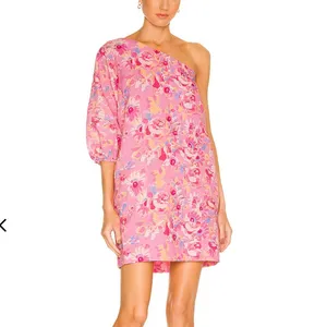Something Navy Pink Floral Mini Dress MEDIUM One Shoulder Linen Shift Party $165 thumbnail 2