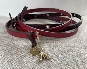 Patrizia Pepe Italian Leather Belt Gold Fly Charm Red Burgundy OSFM thumbnail 1