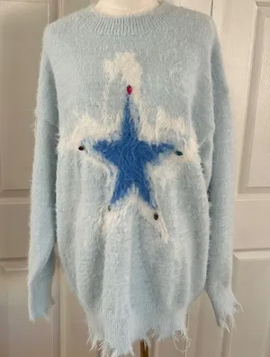 Aelfric Eden Light Blue Sweater star design Distressed hem/sleeves, Small, NWT thumbnail 1