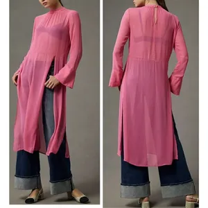 Anthropologie Long Sleeve Sheer Tunic Dress pink, Size xxs thumbnail 2