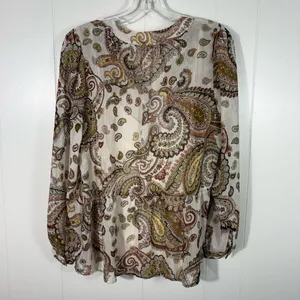 Floral & Ivy Brown Paisley Pattern Metallic Peasant Long Sleeve Chiffon Blouse M thumbnail 6