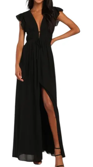 NWT Lulus I'm All Yours Black Ruffled Maxi Dress Size Small Wedding Prom Hoco thumbnail 1