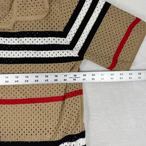 Tan‎ Striped Pointelle Knit Button Up Short Sleeve Polo Shirt Collared Sweater M thumbnail 2