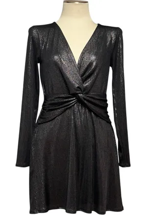 Altar'd State Long Sleeve Twisted Front Plunge Mini Dress Metallic Black Medium thumbnail 1