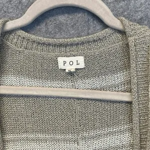 POL Sweater Women's Small Gray White Striped Knit Cardigan Frayed‎ Open Front thumbnail 4