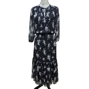 Lauren Ralph Lauren Black White Floral Georgette Tiered Midi Dress Size 2 thumbnail 2