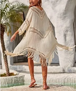 Dreamers Boho Fringe Crochet Trim kimono cardigan Swim Coverup in Cream size M thumbnail 3
