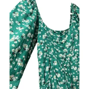 Anthropologie Puff Sleeve Button Front‎ Ruched Green Floral Mini Dress Small thumbnail 5