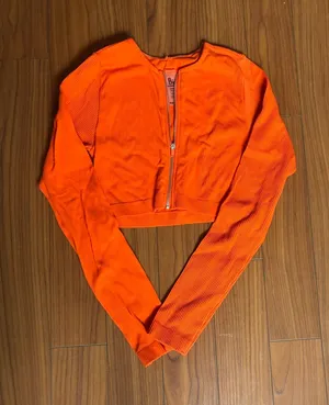Garage XS Orange Ribbed Long-Sleeve Cropped Zip Top thumbnail 1