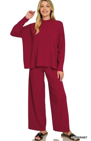Zenana Viscose Sweater Top & Pants Set - Cabernet - Large thumbnail 1