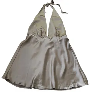 Zara Women XL Champagne Taupe Satin Halter Backless Plunging Mini Dress | 0129 thumbnail 1