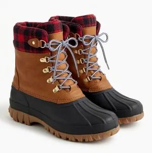 J. Crew‎ Perfect Winter Leather Red Plaid Flannel Winter Duck Boots H1891 Size 8 thumbnail 1