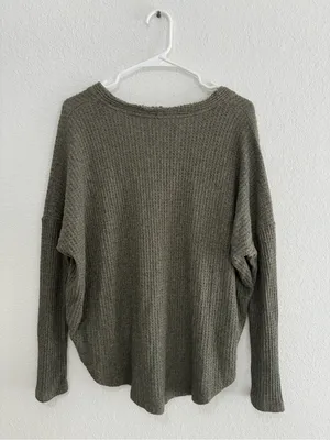 American Eagle Outfitters Olive Waffle-Knit Henley Pullover thumbnail 3