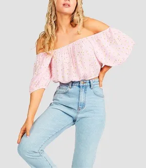 Pink Off-Shoulder Blouse with Floral Print NWT Billabong size small thumbnail 1