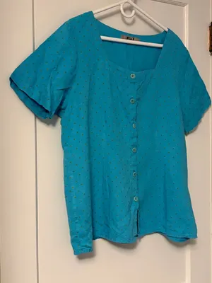 Flax 100% linen polka dot square neck button front blouse size large thumbnail 2