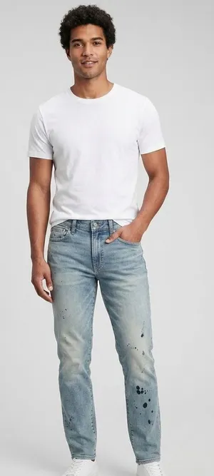 American Eagle Outfitters Slim Straight Light Blue Jeans with Paint Details thumbnail 1