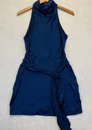 Amanda Uprichard Navy Blue 100% Silk Halter Neck Mini Dress Waist Tie Size S thumbnail 1