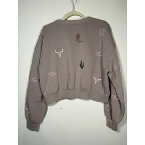 Western‎ Embroidered Cropped Sweatshirt Large Taupe Pullover Cowgirl Boho Rodeo thumbnail 3