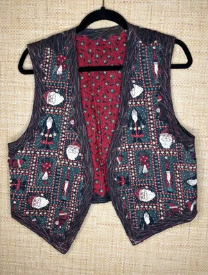 Handmade Reversible Quilted Christmas Vest Santa Claus Folk Art Red Green L thumbnail 1